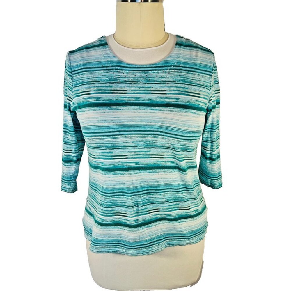 Coral Bay - Blouse Women's L Watercolor Coastal Silver Beaded Boat Neck 3/4 Slv